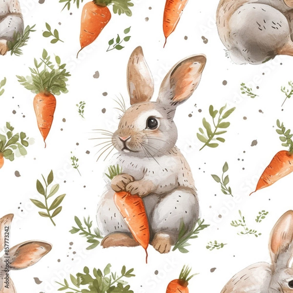 Obraz Seamless Pattern Repeat, Rabbit in Forest, Rabbit with Flowers 
