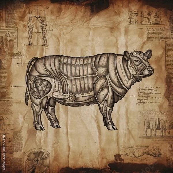 Obraz Anatomy of a pig, old paper and vintage