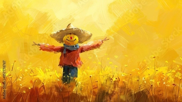 Fototapeta Digital Illustration of a Cheerful Scarecrow in a Field with Vibrant Yellow Backdrop