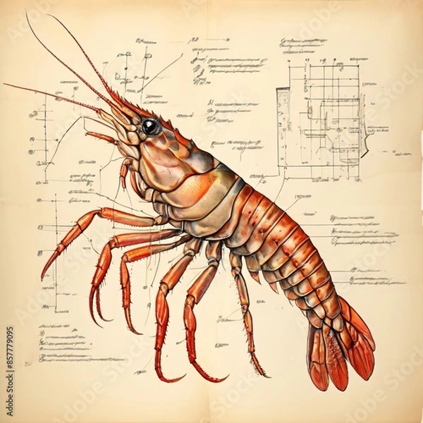 Obraz Anatomy of a shrimp,prawn , old paper vintage tone