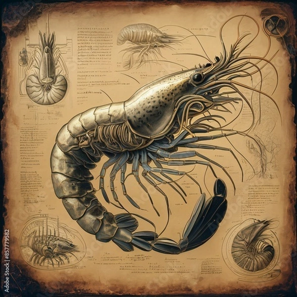 Obraz Anatomy of a shrimp,prawn , old paper vintage tone