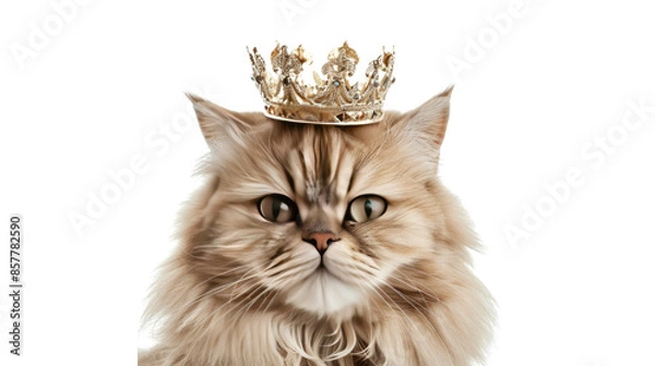 Fototapeta Photograph of a Persian cat with a crown on its head, looking like a regal monarch against a transparent background