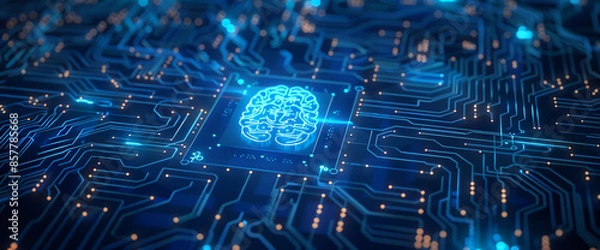 Fototapeta Abstract blue digital technology background with chip and brain icon on dark virtual circuit board for business, scifi, science fiction concept


