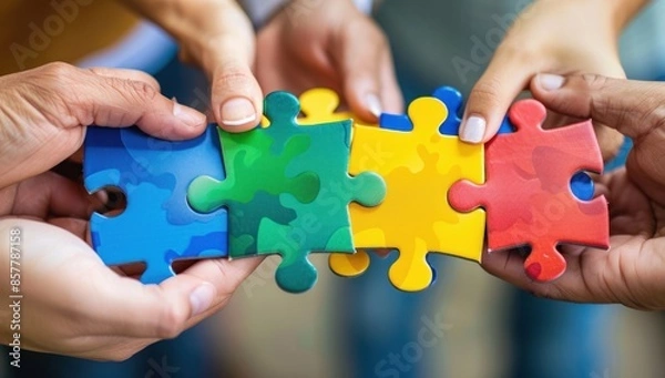 Fototapeta Four Hands Holding Colorful Jigsaw Puzzle Pieces
