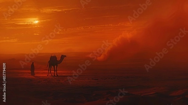 Fototapeta Enigmatic silhouette of a person walking through a desert with a camel.