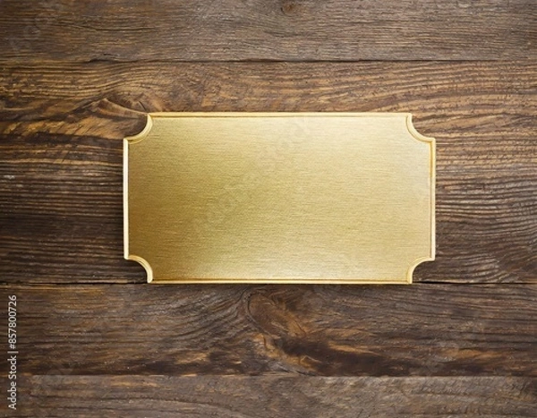 Fototapeta Wooden board with gold plate isolated on white background. plaque with gold overlay for text