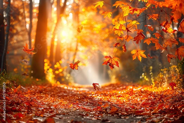 Fototapeta Autumn Sunlight Filtering Through Trees and Leaves in a Forest