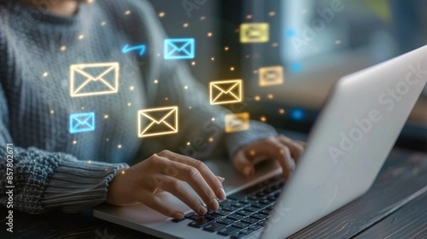 Fototapeta Woman typing electronic message to partner on laptop while working from home writing commercial email composing offer in e letter contacting client online mail for business close up re : Generative AI