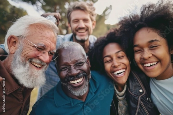 Fototapeta Group of diverse senior friends having fun in the park. Multiethnic group of people bonding outdoors.