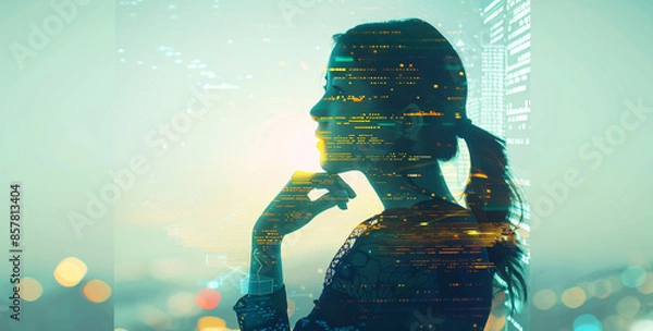 Fototapeta A conceptual illustration of the artificial intelligence concept with a business woman silhouette and digital data background, in the style of double exposure photography