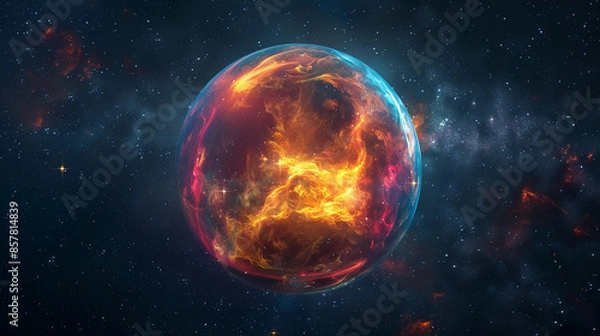 Obraz 3D Spectacular cosmic cloud explosion within transparent sphere with black background. Nebula and stars in space concept with red neon. Abstract wallpaper and creative design, AI Generative.