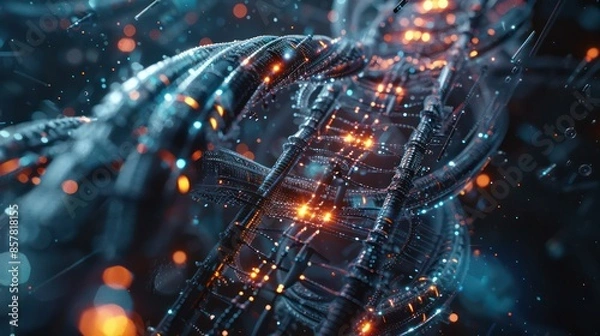 Fototapeta Molecular Biology, Genetics and Medical Concept. An Asian woman doctor, scientist or biologist is working in a futuristic, augmented reality virtual space, interacting with a dna sequence.