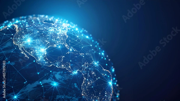 Fototapeta Digital world globe centered on North America, concept of North America global network and connectivity, data transfer and cyber technology, information exchange and telecommunication