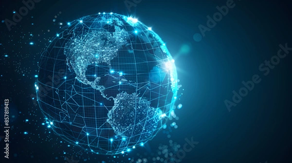 Fototapeta Digital world globe centered on North America, concept of North America global network and connectivity, data transfer and cyber technology, information exchange and telecommunication