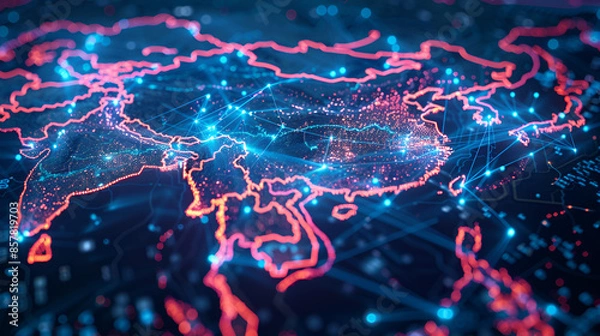 Fototapeta Digital map of China, concept of South East Asia network and connectivity, data transfer and cyber technology, business and information exchange and telecommunication