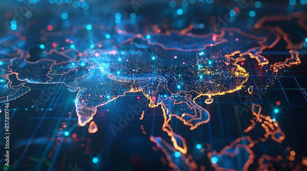 Fototapeta Digital map of China, concept of South East Asia network and connectivity, data transfer and cyber technology, business and information exchange and telecommunication
