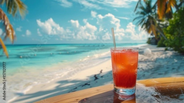 Obraz cocktail with a straw on the bar counter. beach with white sand and palm trees