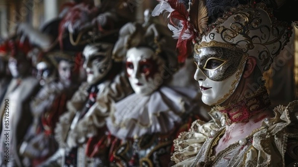 Fototapeta A historical masquerade ball, with people adorned in elaborate costumes and masks, creating a scene of mystery and elegance