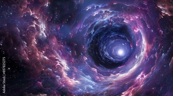 Fototapeta A deep purple and pink space with a large hole in the middle. The sky is filled with stars and clouds