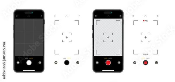 Fototapeta Smartphone Camera Interface: Viewfinder, Grid, Buttons, Lights, and Focus Controls in Mobile Photography Apps. Vector