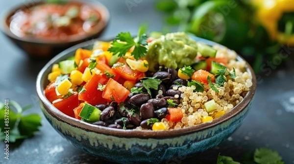Obraz Nutritious and Flavorful Quinoa and Black Bean Bowl with Diced Vegetables and Fresh Cilantro   A Healthy Plant Based Meal Bursting with Vibrant Colors and Wholesome Ingredients