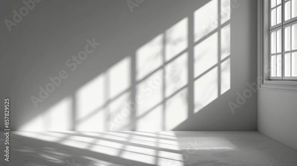 Fototapeta Empty room with white walls and floors with shadows of sunlight coming in from the windows