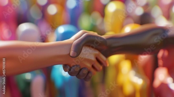 Fototapeta A hand shake between two people in a crowd of people. Concept of unity and togetherness
