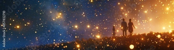 Fototapeta A couple is walking on a hill under a starry sky. The stars are scattered all over the sky, creating a beautiful and serene atmosphere. The couple appears to be enjoying their time together