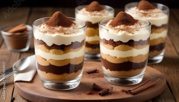 Fototapeta Tiramisu served in dessert cups set on a wooden counter