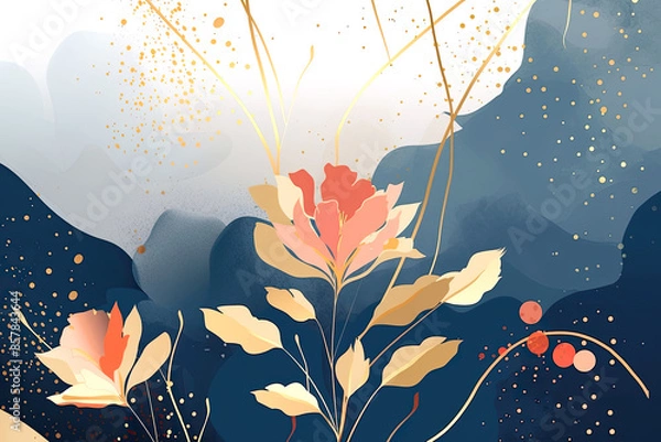 Fototapeta Background abstract art vector Luxury style wallpaper with floral pattern and gold lines, gold dots on an indigo watercolor.