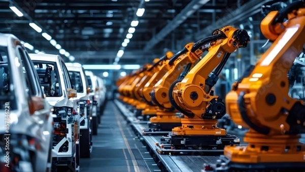 Fototapeta Digital art of automotive assembly line with intense pixelation. Generative AI