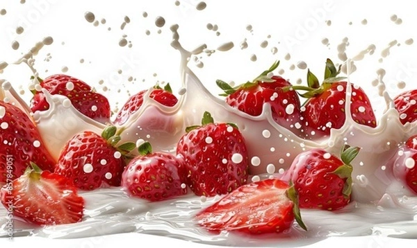 Fototapeta Fresh Red Strawberries Splashing Into Creamy Milk