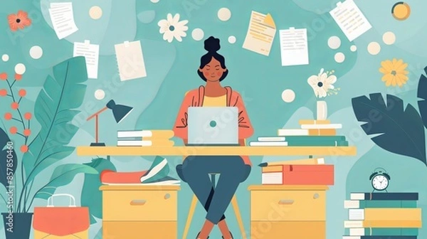 Fototapeta Balancing Work and Home Life: A remote worker manages their work-from-home schedule, balancing professional tasks with household responsibilities, making sure to maintain a healthy work-life balance