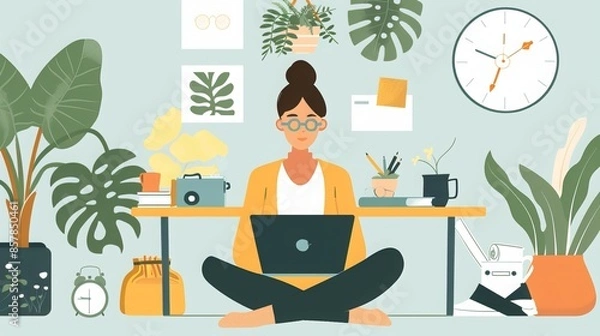 Obraz Balancing Work and Home Life: A remote worker manages their work-from-home schedule, balancing professional tasks with household responsibilities, making sure to maintain a healthy work-life balance