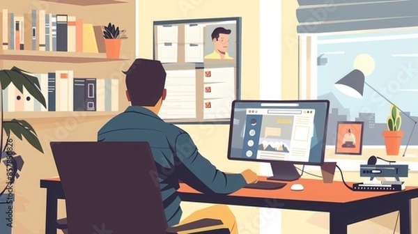 Fototapeta Virtual Meeting from Home: During a virtual meeting, a work-from-home professional connects with colleagues via video conference, discussing projects and sharing ideas from the comfort of their home