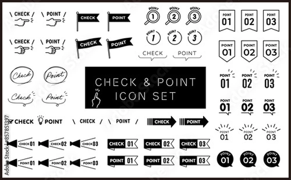 Obraz チェック & ポイント　ベクターアイコンセット モノクロ