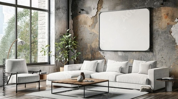 Fototapeta The living room wall poster mockup features an ISO A paper size frame and a modern interior design.