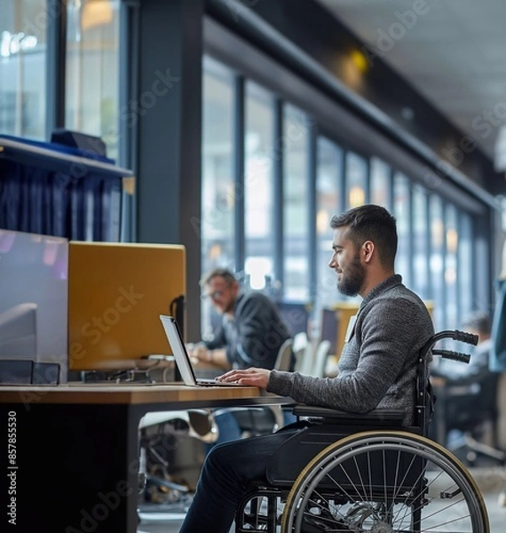 Obraz A disabled employee man in a wheelchair working with coworkers in an office.