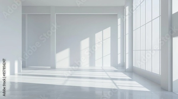 Fototapeta This modern realistic illustration in perspective view shows an empty room with big windows. The interior of a modern building has white walls, floor, ceiling and glass windows. This could be a