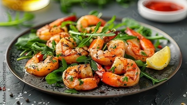 Fototapeta Grilled Shrimp Salad With Lemon Wedge
