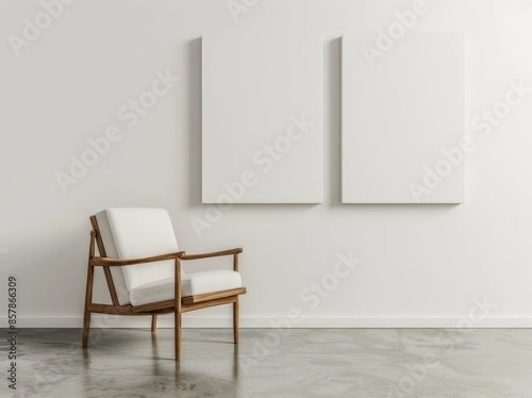 Fototapeta Mockup of an interior with a chair for visitors or staff members, posters template on white wall for branding or advertising. Mockup of paintings on frames in a museum or gallery. 3D Illustration.