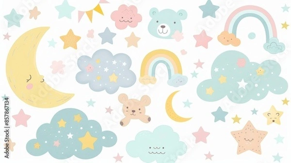 Fototapeta This modern cartoon set of cartoon moon and stars features a moon, rainbow, cloud, planet, and star clipart set for baby room decoration.