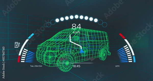Fototapeta Image of car interface over digital van on black background