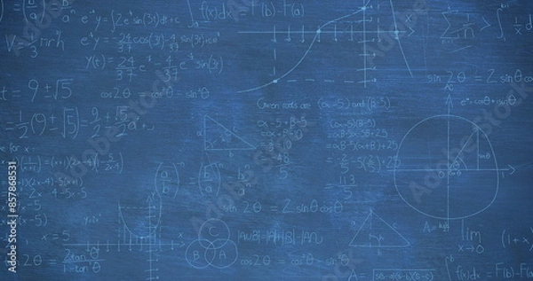 Fototapeta Image of mathematical data processing over blue background