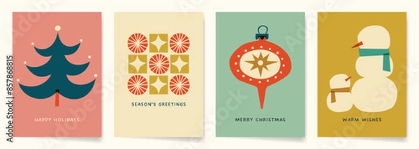 Fototapeta Retro Modern Christmas Card Designs with hand drawn illustrations and paper cutouts. Whimsical illustrations for Winter Holidays in retro pastel colors.