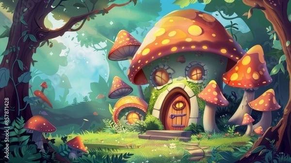 Fototapeta The fairytale village with tiny elf or animal houses made from mushrooms has doors and windows. The cartoon modern summer fantasy garden scene with fairy gnomes or hobbits has doors and windows.
