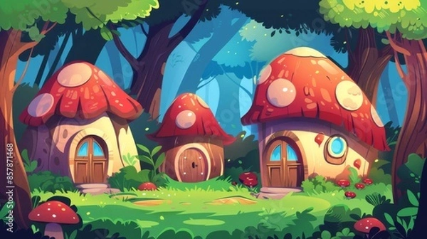 Fototapeta This is a fantasy fairy tale village and house in summer forest. There is a cute mushroom cottage with gnomes. There is a small dwarf house in the woods with a window. It is an old medieval small