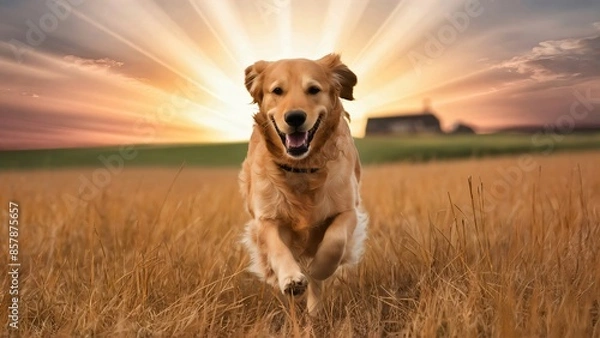 Obraz A golden retriever dog running through a golden field under a radiant sunset sky