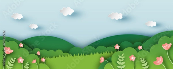 Obraz Flower meadow in spring. Spring natural landscape. paper cut and craft style. vector, illustration.