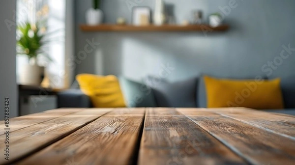 Fototapeta a close up of a rustic empty wooden table with blurred modern living room background